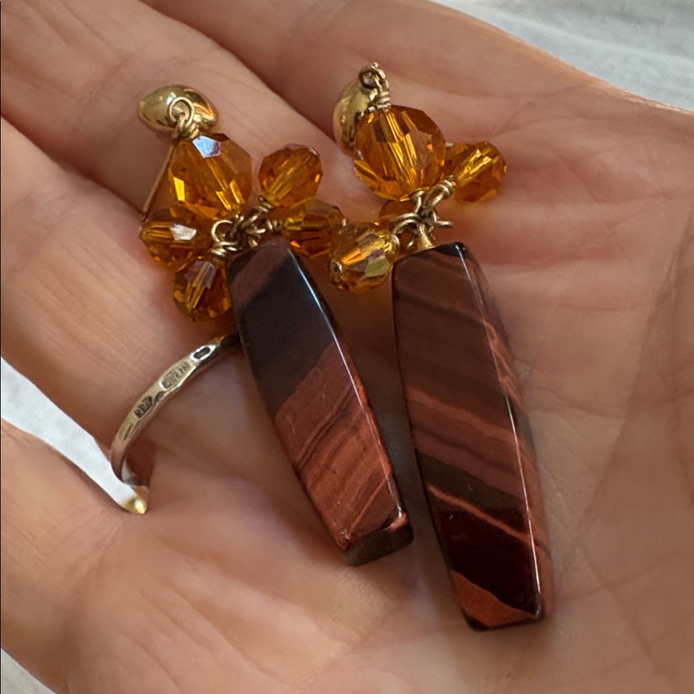 Vintage Handmade 14 K GF Gold and Brown Tiger Eye and Crystal Beaded Earrings - Picture 10 of 10